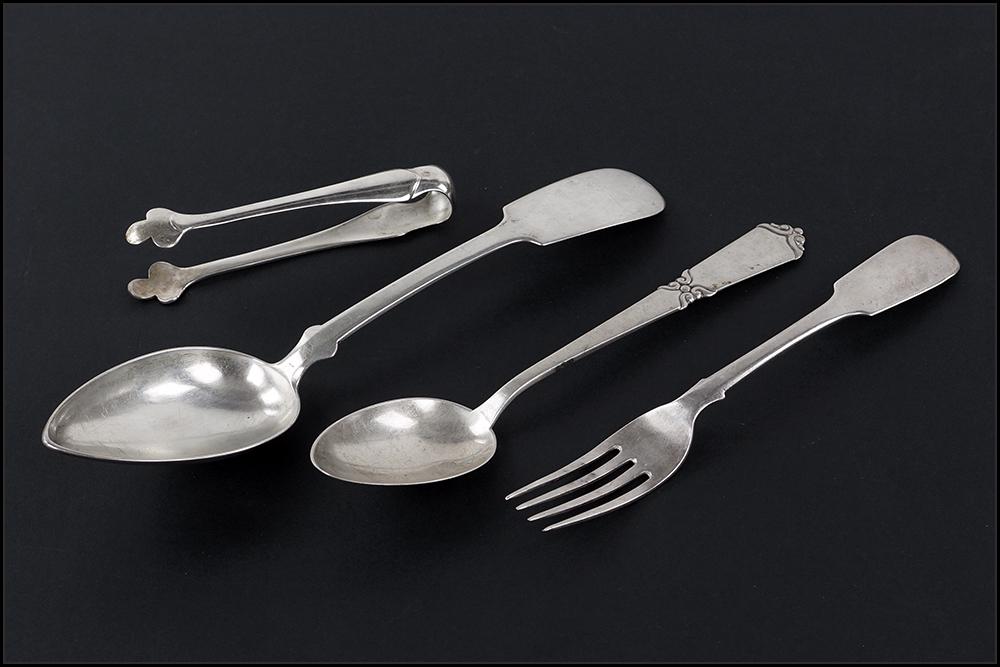 A Collection of Continental Silver Serving Utensils.: A Collection of Continental Silver Serving Utensils. Comprising a Lazarus Posen .800 silver spoon (length: 10.5"), a Danish C. Nielsen silver serving spoon (length: 8.75"), a Russian .84 silver fork (