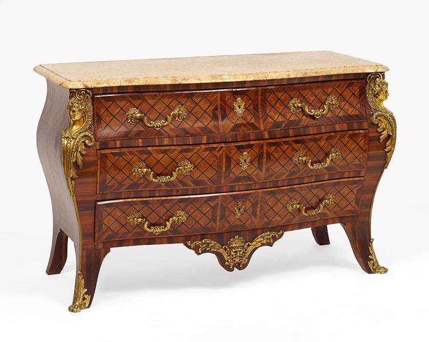 A French Marble Top Commode.: A French Marble Top Commode. Parquetry veneer three-drawer chest with ormolu mountings throughout 34.5" x 55" x 23"