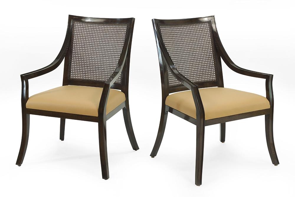 A Pair of Rose Tarlow Armchairs.: A Pair of Rose Tarlow Armchairs. Caned back open armchairs with taupe leather seats 37.5" x 25.25" x 24"