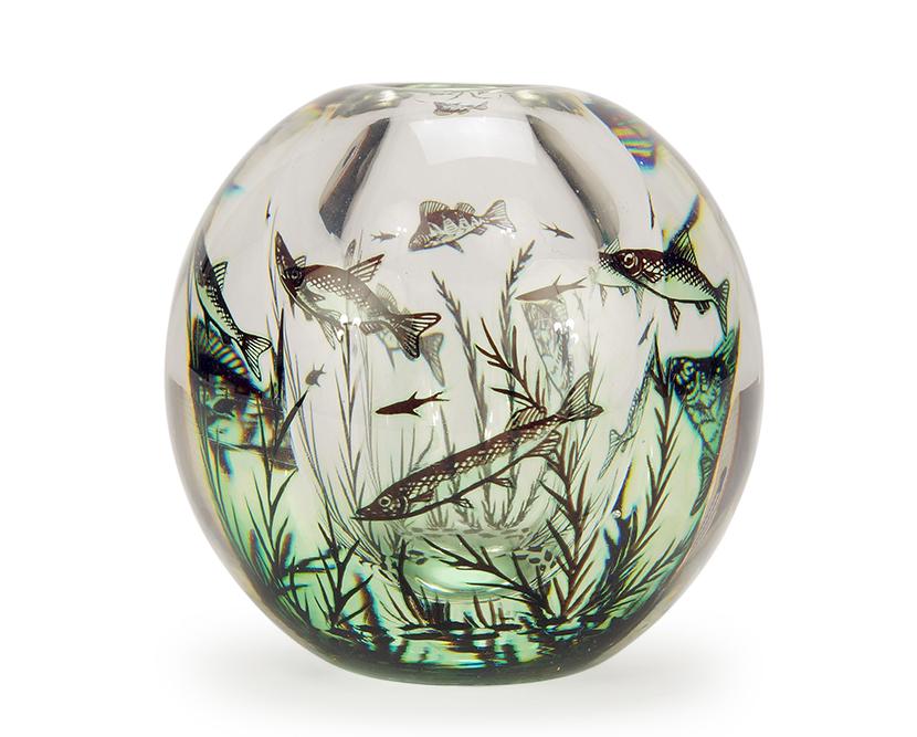 An Edward Hald for Orrefors 'Graal' Fish Vase.: An Edward Hald for Orrefors 'Graal' Fish Vase. Signed and numbered 859 L on the underside 4.5" x 4.5"
