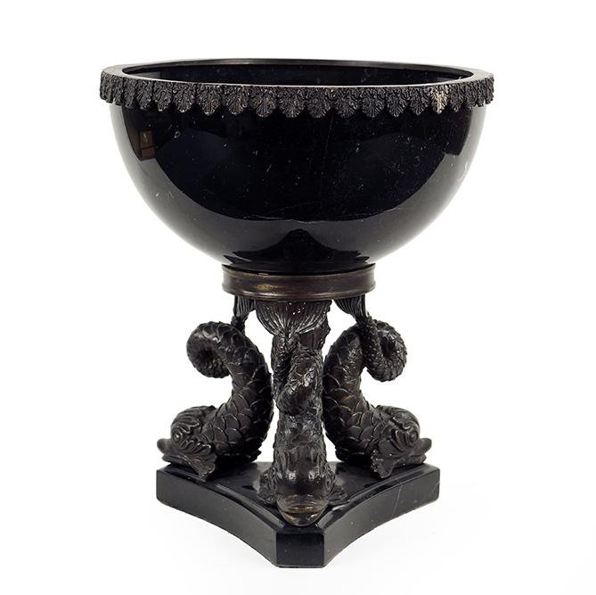 An Empire Style Patinated Bronze and Marble Compote.: An Empire Style Patinated Bronze and Marble Compote. Bearing a patinated bronze rim and a tripartite dolphin form base 13" x 11"
