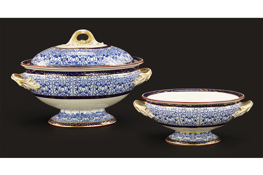 Two Royal Worcester Porcelain Serving Dishes in the: Two Royal Worcester Porcelain Serving Dishes in the Royal Lily Pattern. Including one tureen and one footed bowl, both with the oval Mortlock's Oxford Street mark on the underside Tureen: 10" x 14.5" 