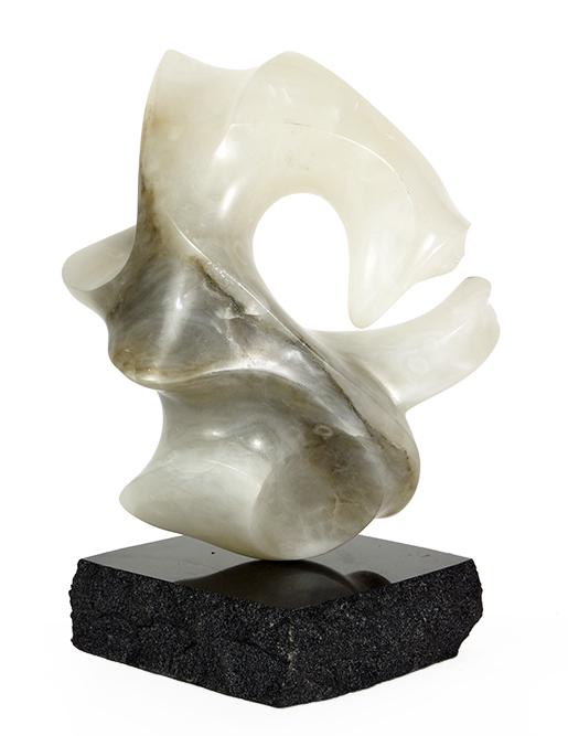 Michael Dayan (American, Contemporary) A Sculpture.: Michael Dayan (American, Contemporary) A Sculpture. Carved and polished alabaster sculpture. Signed and dated "M. Dayan 73" to the underside. Raised on a 3" stone square base Sculpture: 16"