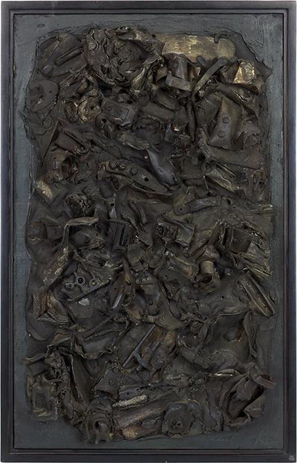 Harry Bouras (American, 1931-1990) Panel for the Duke's: Harry Bouras (American, 1931-1990) Panel for the Duke's Wall. Painted metal and plaster sculpture with found objects, signed en verso, titled, and dated 9-64 25.75" x 16" x 4" Frame: 27.5" x 17.5"