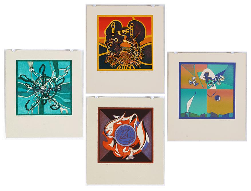 Francoise Gilot (French, B. 1921) The Four Elements.: Francoise Gilot (French, B. 1921) The Four Elements. Portfolio of four color lithographs dated to 1977, each pencil signed, titled, and numbered 8/100, bearing the chop of Tamarind Press. Ref: Yoakum