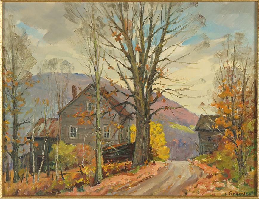 Jacob Greenleaf (Estonian-American, 1887-1968) A Cloudy: Jacob Greenleaf (Estonian-American, 1887-1968) A Cloudy Day. Oil on canvas, signed lower right; artist's label en verso 14" x 18" Frame: 22.75" x 27"