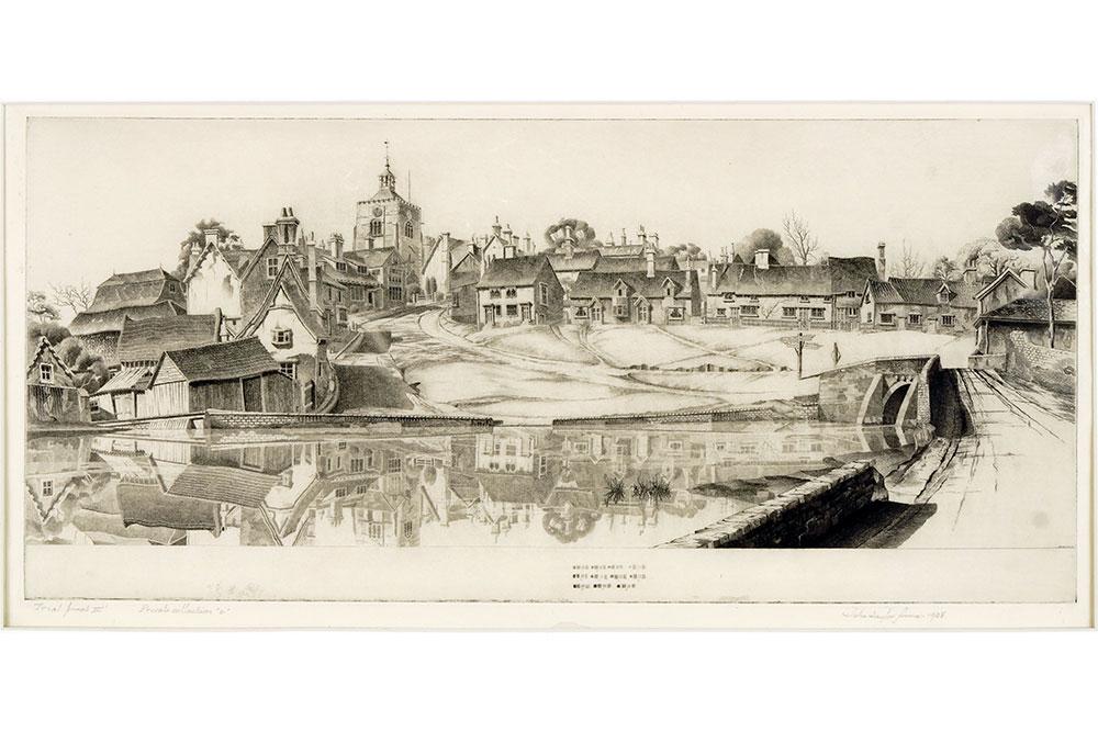 John Taylor Arms (American, 1887-1953) Reflections at: John Taylor Arms (American, 1887-1953) Reflections at Finchingfield, England. Etching, pencil signed lower right, dated 1938, and inscribed 'Trial Proof II-1' and 'Private Collection e', one of only t