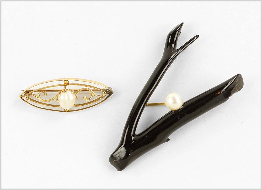 A Black Coral Branch and Cultured Pearl Brooch. (1 of 1)