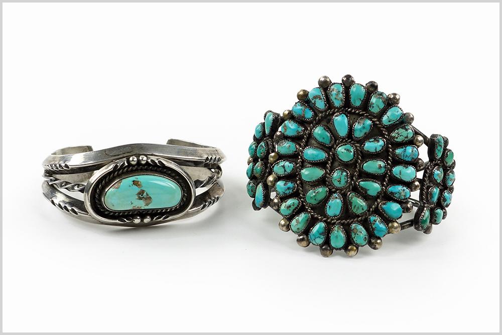 Two Silver and Turquoise Cuff Bracelets.: Two Silver and Turquoise Cuff Bracelets. Comprising an oval bracelet inset with pear and round turquoise cabochons and a cuff bracelet with one oval turquoise cabochon