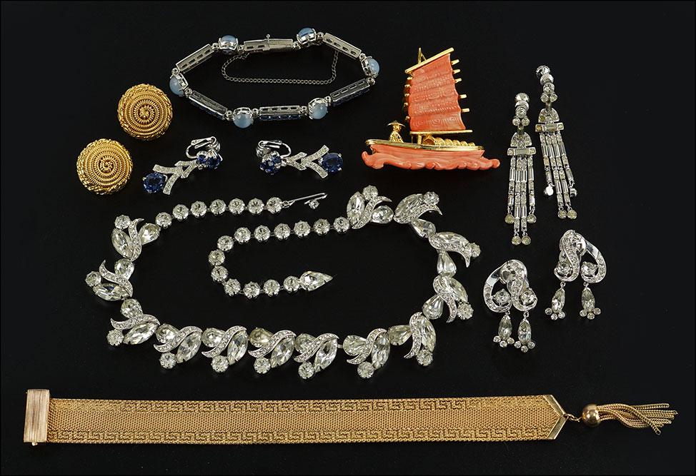 A Kramer White Rhinestone Necklace.: A Kramer White Rhinestone Necklace. Together with a pair of Mazer white rhinestone earclips, a pair of Trifari white rhinestone drop earclips, a Hattie Carnegie faux coral boat brooch, a pair of gold