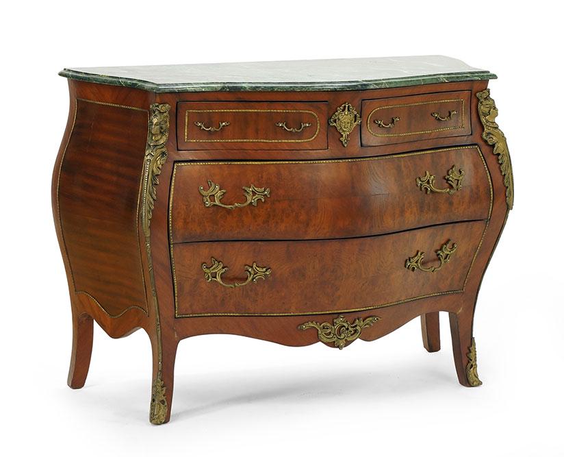 A Bombe Commode.: A Bombe Commode. Gilt metal mounted commode with a marble top 35.5" x 51" x 24"