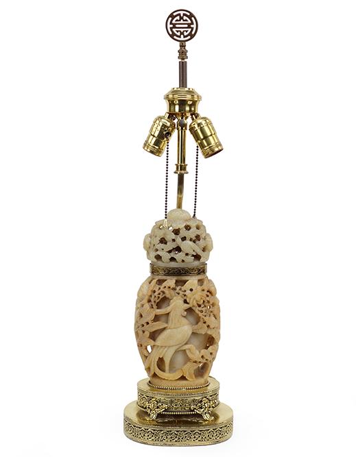 A Carved Soapstone Funerary Urn.: A Carved Soapstone Funerary Urn. Retrofitted as a lamp Overall Ht: 25.5"
