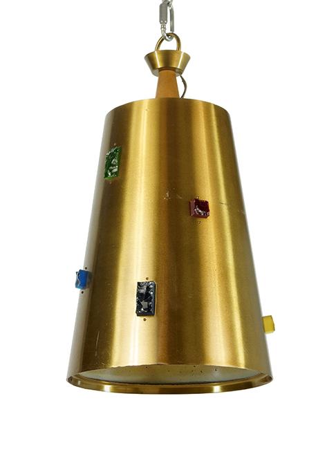 A Brass Pendant Light.: A Brass Pendant Light. Conical brass pendant light is adorned with multi-colored rough glass panels throughout. In the style of Lightolier 23" x 12.5"