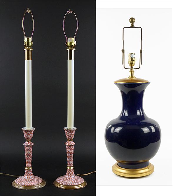 A Pair of Frederick Cooper Porcelain Candlestick Lamps.: A Pair of Frederick Cooper Porcelain Candlestick Lamps. In the style of Herend rust fishnet. Together with a Ralph Lauren cobalt glazed porcelain temple jar lamp Height to top of socket: 30"