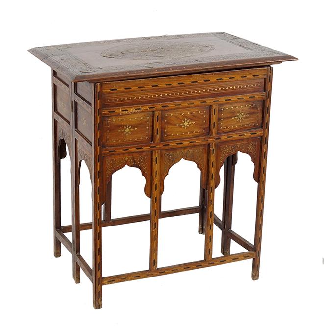A Syrian Table.: A Syrian Table. Collapsible wood table with metal inlaid decoration 31" x 30" x 20"