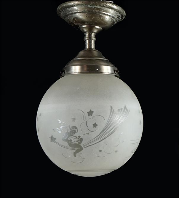 A Deveau Ceiling Fixture.: A Deveau Ceiling Fixture. Frosted and clear glass shade depicting the moon, stars and planets. Signed along the side 11" x 8"
