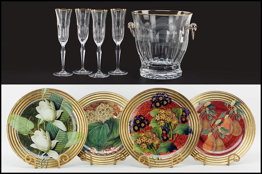 Four Scott Potter Painted Glass Chargers.: Four Scott Potter Painted Glass Chargers. Together with a Rogaska crystal champagne bucket / wine cooler and four champagne flutes Charger diameter: 12"