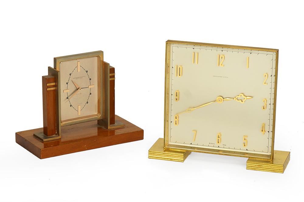 Two Abercrombie and Fitch Desk Clocks.: Two Abercrombie and Fitch Desk Clocks. Featuring an 8 day wood easel clock, Swiss made. Together with an 8 day Swiss made desk clock. Susanin's will not comment on the working condition of any watch o