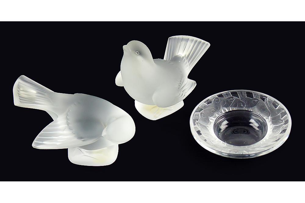 Two Lalique Frosted and Clear Glass Sparrows. (1 of 1)