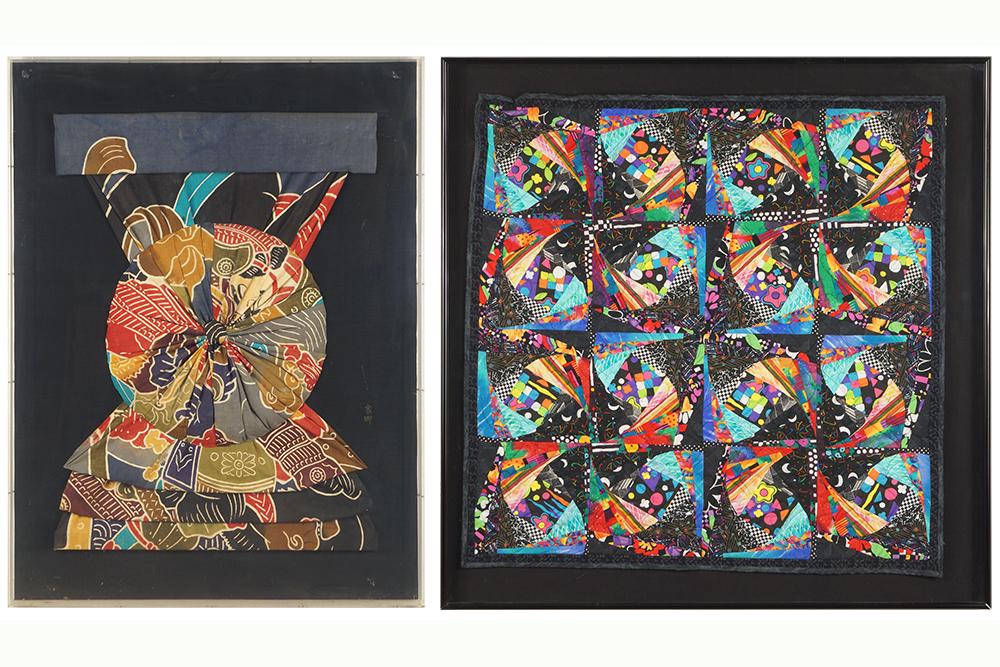 A Contemporary Crazy Quilt.: A Contemporary Crazy Quilt. Mounted and contained within a lucite shadow box. Together with a dyed fabric decorative wall hanging (38" x 28"), also mounted and encased in a lucite frame (47.5" x 36")