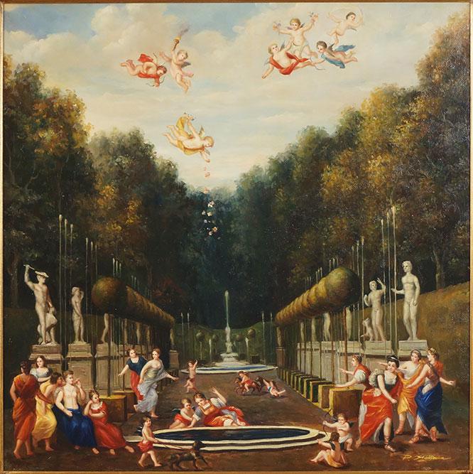 P. Hoffman (Contemporary) Women and Putti.: P. Hoffman (Contemporary) Women and Putti. Reproduction painting on canvas, signed lower right 30" x 30" Frame: 40.5" x 40.5"