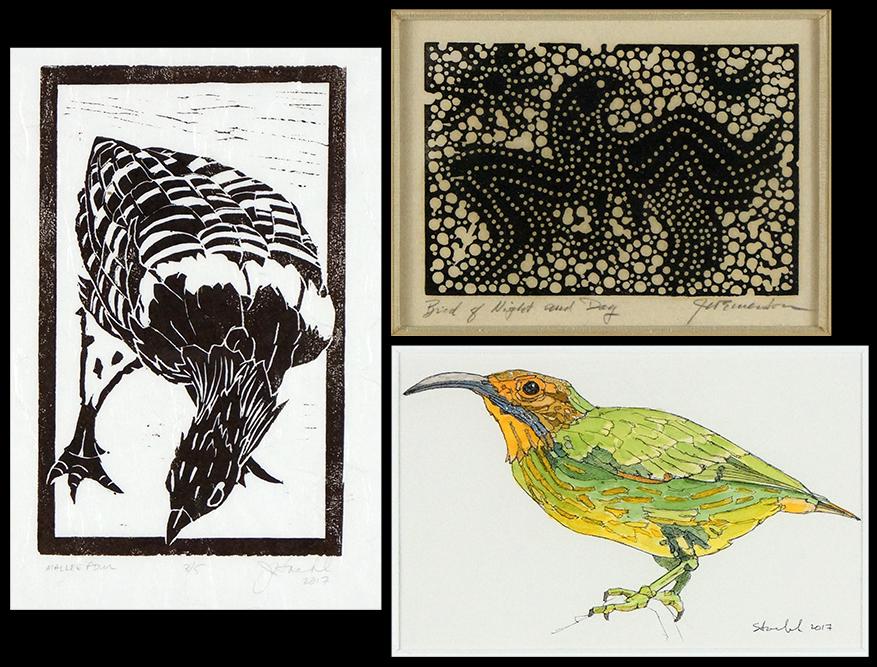 J. Strachnik (American, Contemporary) Bee Eater.: J. Strachnik (American, Contemporary) Bee Eater. Watercolor, signed lower right and dated 2017. Together with 'Mallee Fowl' a linocut by Strachnik, signed, and 'Bird of Night and Day' a linocut signed