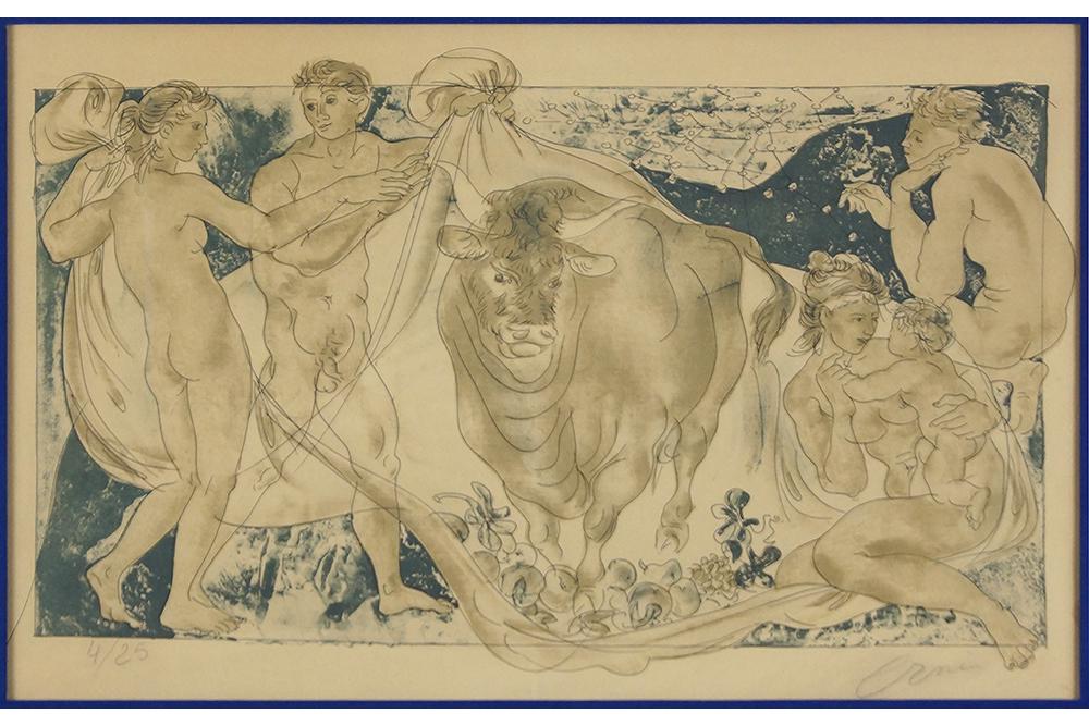 Hans Erni (Swiss, 1909-2015) Bull and Nude Figures.: Hans Erni (Swiss, 1909-2015) Bull and Nude Figures. Color lithograph. Pencil signed lower right and numbered 4/25. Signed en verso and inscribed "To Samsone". Stamped en verso "Willoughby Tower Galler