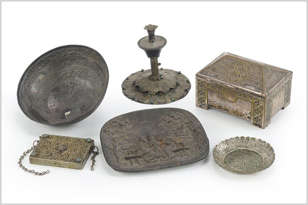 A Collection of Judaica.: A Collection of Judaica. Including filigree amulet case, a candlestick, a cedar lined casket, a repousse dish, a bowl, and a filigree dish Casket: 3.5" x 5" x 3.5"