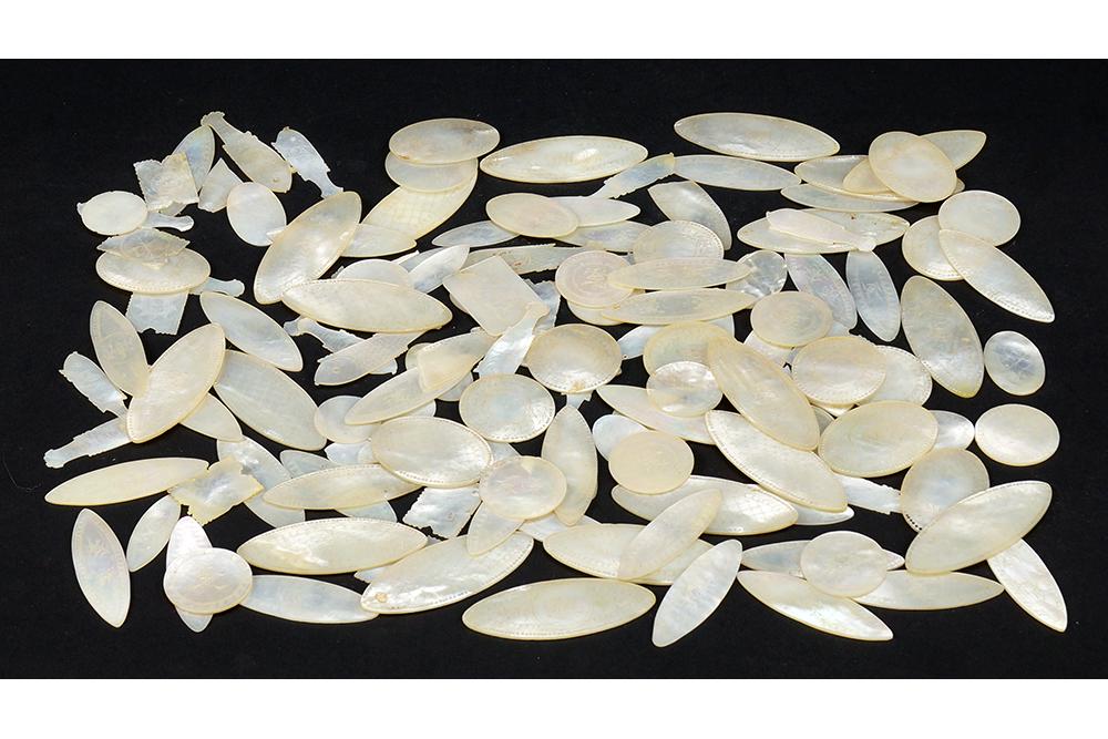 A Collection of Engraved Mother-of-Pearl Game Tokens.: A Collection of Engraved Mother-of-Pearl Game Tokens. Some monogrammed 'WB" Largest: 1" x 2.5"