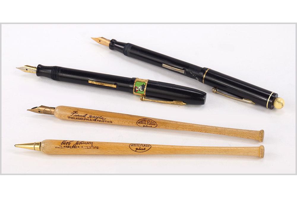 Babe Ruth Novelty Fountain Pen.: Babe Ruth Novelty Fountain Pen. Featuring a black unmarked Babe Ruth fountain pen with a 14k gold nib. Together with a Popeye black fountain pen and two baseball bat shaped fountain pen and pencil Len