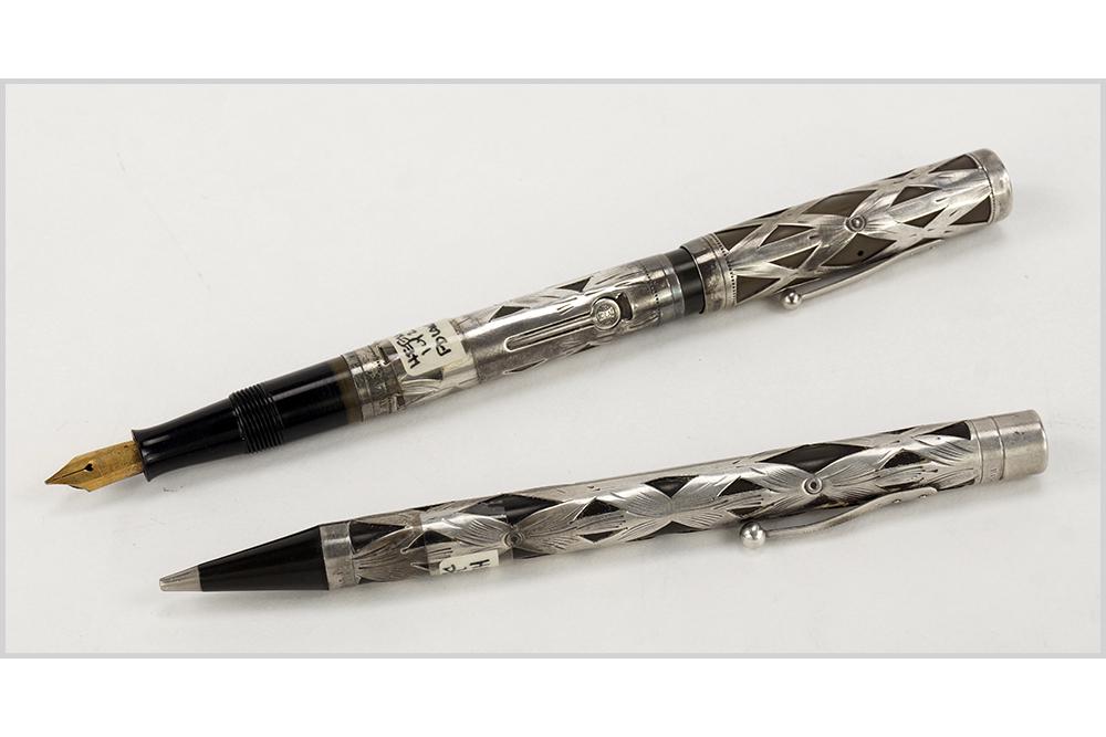WATERMAN STERLING SIVER OVERLAY PEN AND PENCIL SET. (1 of 12)