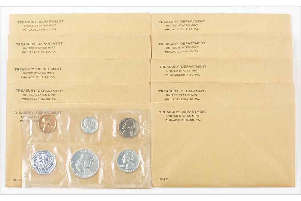 TEN US TREASURY 1961 PROOF COIN SETS. (1 of 1)