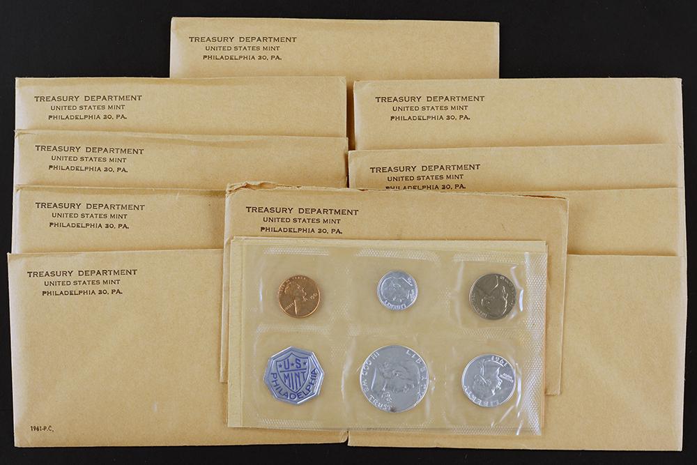 TEN US TREASURY 1961 PROOF COIN SETS. (1 of 1)