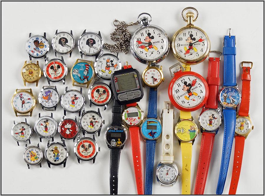 Group of Bradley Mickey Mouse and Cartoon Novelty: Group of Bradley Mickey Mouse and Cartoon Novelty Watches. Consisting of approximately 48 novelty watches, such as Mickey Mouse, Cat in the Hat, Winnie the Poo, Snoopy, Bears, Star Wars, and more. Mos