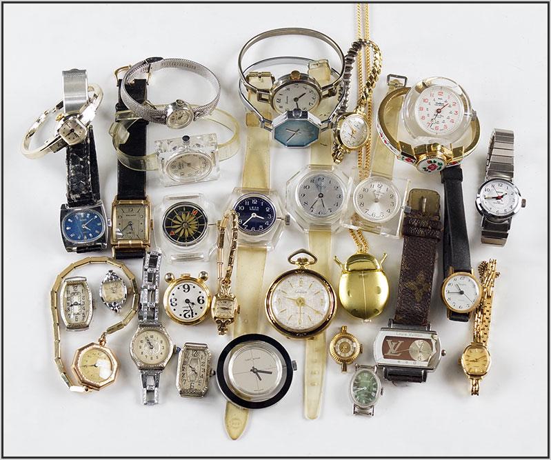 Group of Lady's Wrist Watches.: Group of Lady's Wrist Watches. Consisting of over two dozen lady's wrist watches from makers Lucern, Wottim, Gruen, Lady Nelson, Glamor, Benrus, Endura, Hamilton, Wittnauer, and more. Susanin's will n