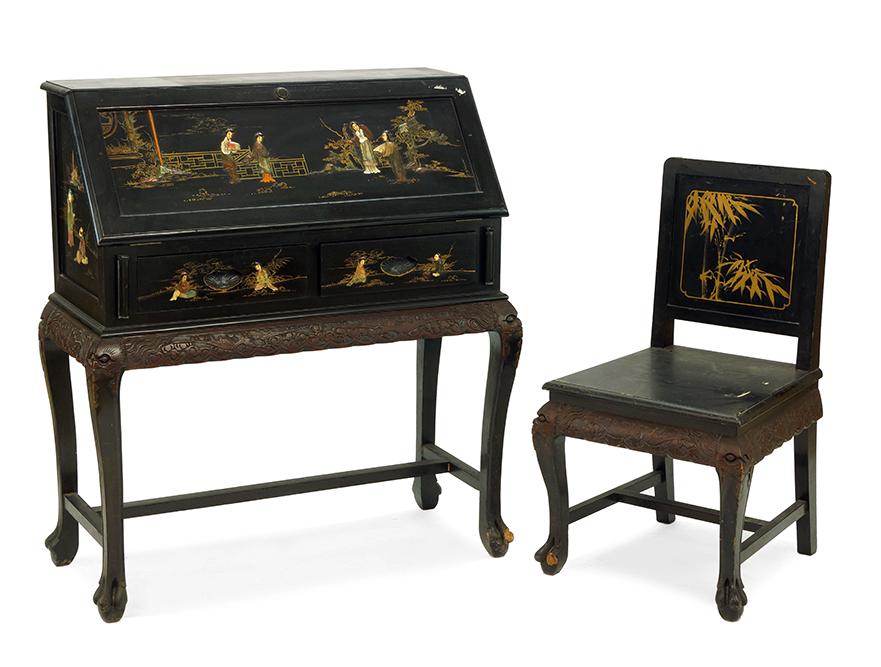 An Ebonized Wood Slant Front Desk.: An Ebonized Wood Slant Front Desk. With applied soapstone decoration. Together with a coordinating ebonized wood chair Desk: 42" x 38" x 17"