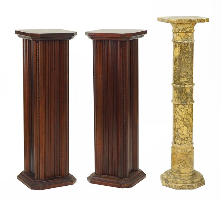 A Pair of Mahogany Pedestals.: A Pair of Mahogany Pedestals. Together with an alabaster pedestal (height: 39") Mahogany pedestal height: 36". Mahogany pedestal top: 12" x 12"