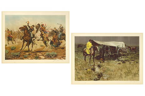 The Franklin Mint Gold Medal Portfolio of Western Art.: The Franklin Mint Gold Medal Portfolio of Western Art. Complete set of ten offset lithographs dated to 1974, each pencil signed. Artists include Joe Ruiz Grandee, Donald Teague, Ray Swanson, James Rey