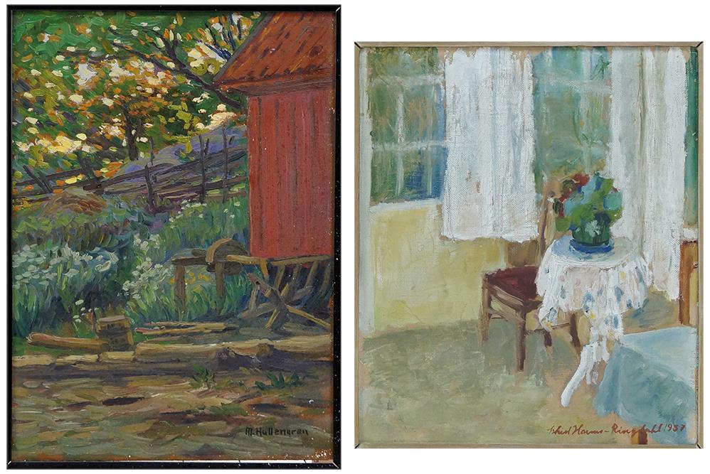 Astrid Harm-Ringdahl (Swedish, 1912-1984) Interior: Astrid Harm-Ringdahl (Swedish, 1912-1984) Interior Scene. Oil on canvas on board. Signed and dated 1957 lower right. Together with an oil on board of a side of a barn signed "M. Hullengreu" lower righ