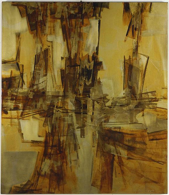 Silvio Giovenetti (American, 20th Century) Abstract.: Silvio Giovenetti (American, 20th Century) Abstract. Acid etched steel. Signed lower right and dated. Bearing artist's label en verso with registration number 00714. Unframed 44.25" x 38.25"