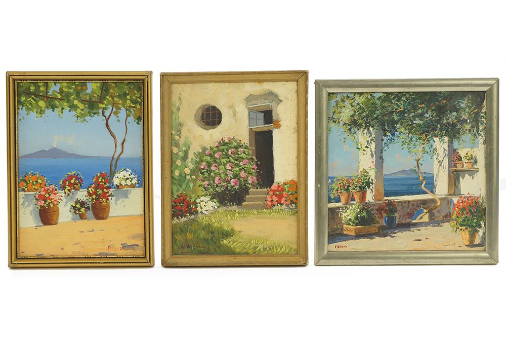 Guido Odierna (Italian, 1913-1991) Two Scenes of Capri.: Guido Odierna (Italian, 1913-1991) Two Scenes of Capri. Each an oil on board, signed lower left or right. Together with a Capri scene signed 'Fulvio' Each: 7" x 5.25" Frame: 7.75" x 5.75"