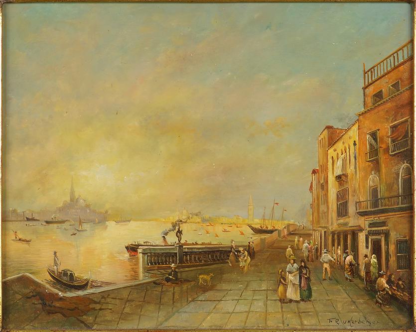 After Franz Unterberger (German, 1838-1902) The Basin,: After Franz Unterberger (German, 1838-1902) The Basin, Venice. Oil on board, bearing signature lower right 8" x 10" Frame: 15.5" x 17.5"