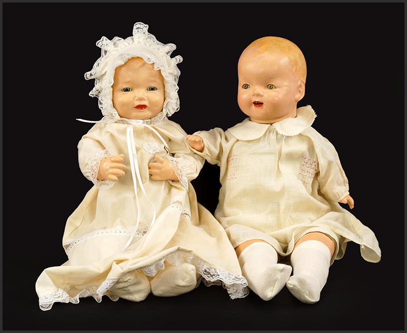 Two Vintage Composition Baby Dolls.: Two Vintage Composition Baby Dolls. Featuring the Effanbee Bubbles doll, copyrighted 1924. The doll has tin sleepy eyes, painted mouth cloth body, the head, shoulder, legs and arms are all composition