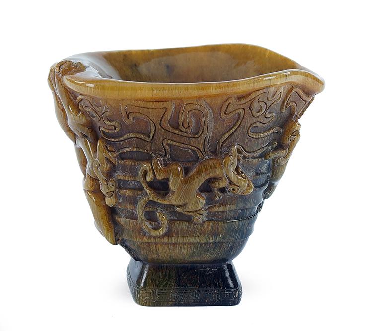 A Chinese Carved Horn Libation Cup. (1 of 6)