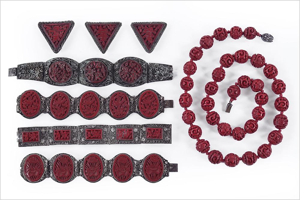 A Collection of Cinnabar Jewelry. (1 of 8)