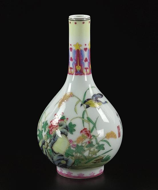 A Chinese Republic Style Famille Rose Porcelain Bottle: A Chinese Republic Style Famille Rose Porcelain Bottle Vase. Decorated with birds, flowers, and an inscription. Bearing an overglaze blue four-character Yongzheng mark on the underside Height: 7"