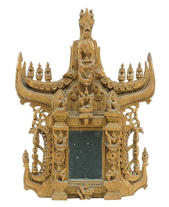 An Indonesian Carved Wood Mirror.: An Indonesian Carved Wood Mirror. 28.5" x 21.5" x 3"