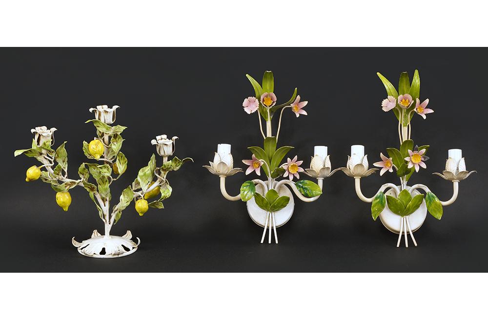 A Pair of Tole Painted Two-Light Wall Sconces. (1 of 1)