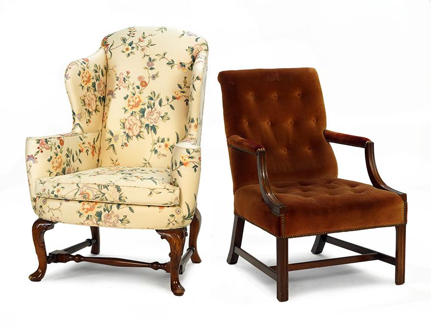 An Upholstered Wingback Chair.: An Upholstered Wingback Chair. Together with a velvet upholstered armchair (back height: 37") Back height: 45"
