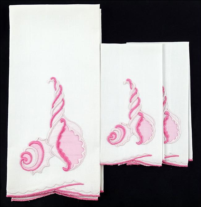 Two Marghab Guest TOwels and Two Fingertip Towels.: Two Marghab Guest TOwels and Two Fingertip Towels. Concha white and pink linen, new in box with papers, from the Estate of Vera Way Marghab